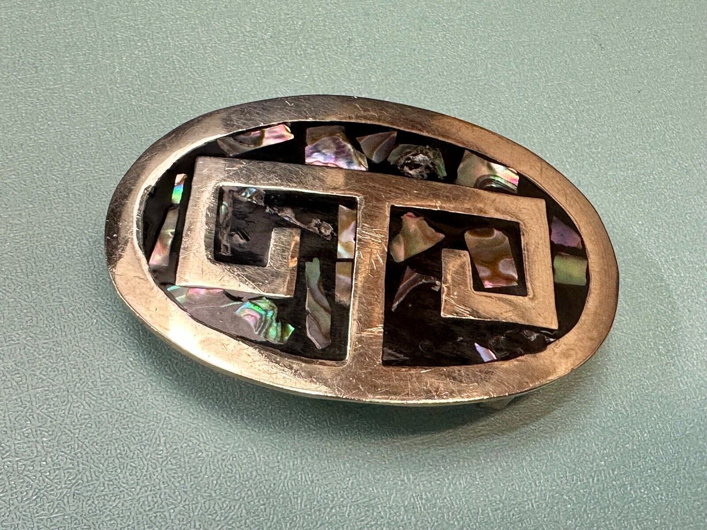 Vintage Alpaca Mexico Silver Tone Abalone Shell Pattern Oval belt buckle