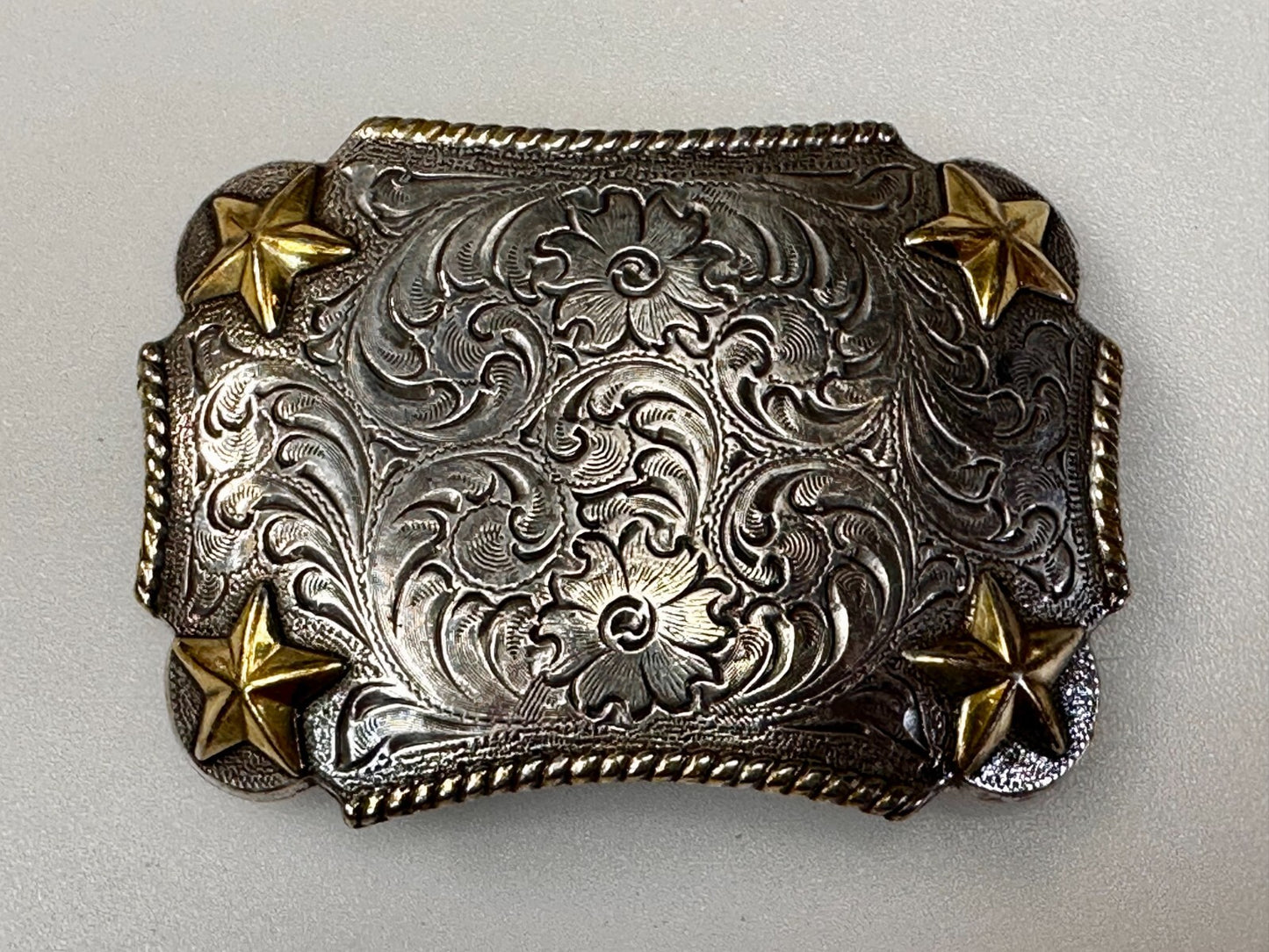 Texas Lone Star Corners Flower Swirl Ornate Western Two Tone Belt Buckle