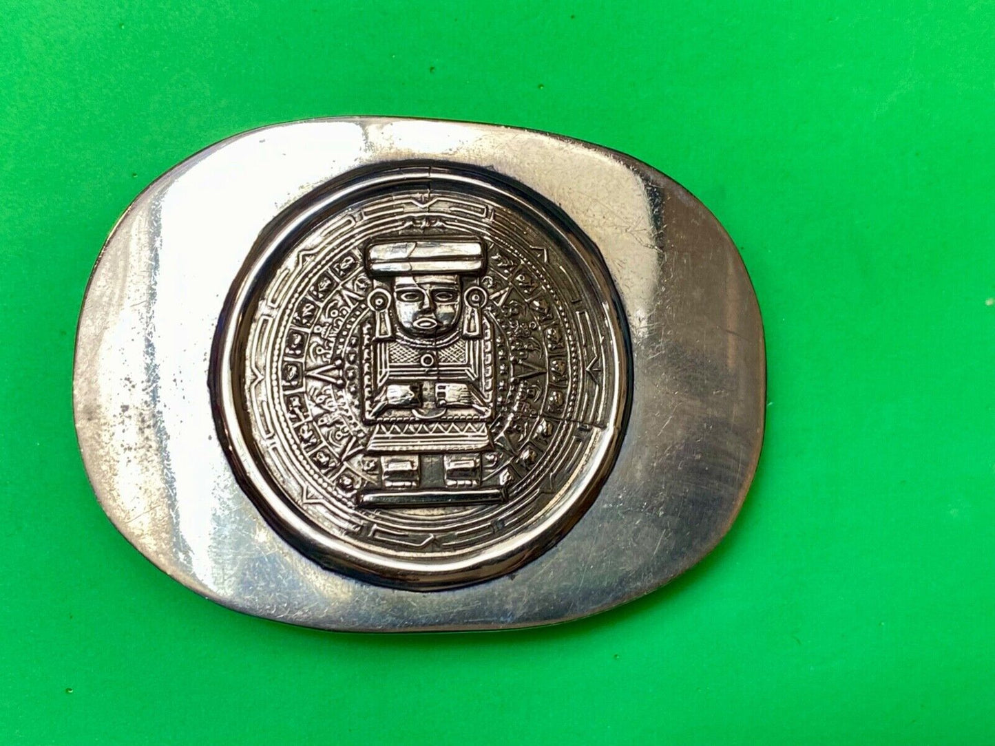 Aztec Calendar Person Figure silver tone? Belt Buckle Mayan Indian