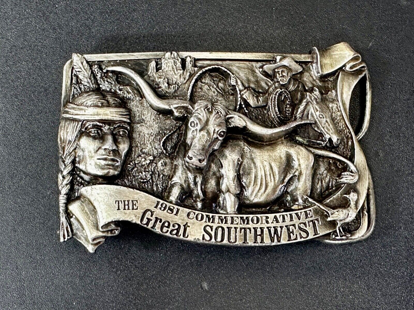 The Great Southwest Navajo Indian Hunter Commemorative Vintage 1981 Belt Buckle