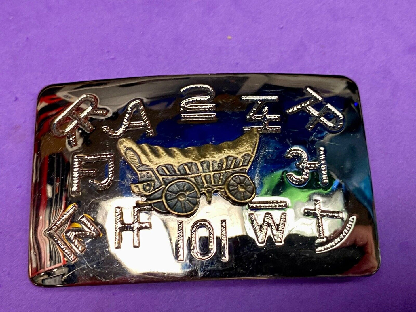 Vintage Belt Buckle Covered Wagon Cattle Brands Symbols Chambers Belt Co. U.S.A