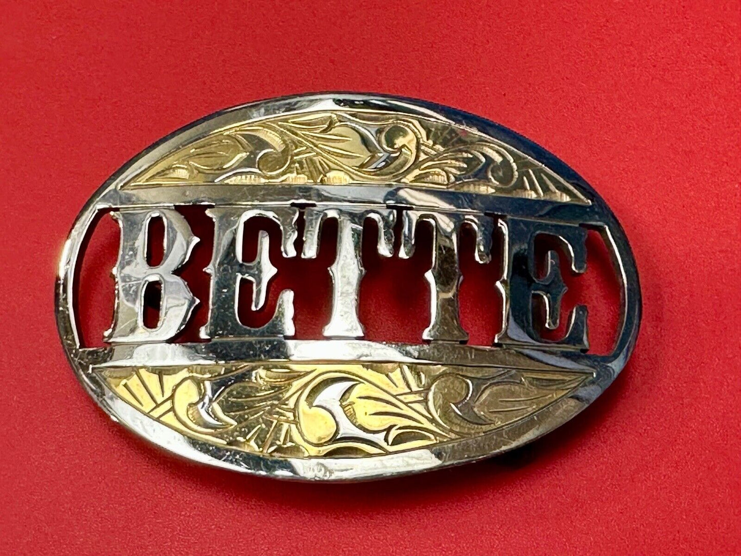 BETTE - custom name on western two tone cutout see through vintage belt buckle