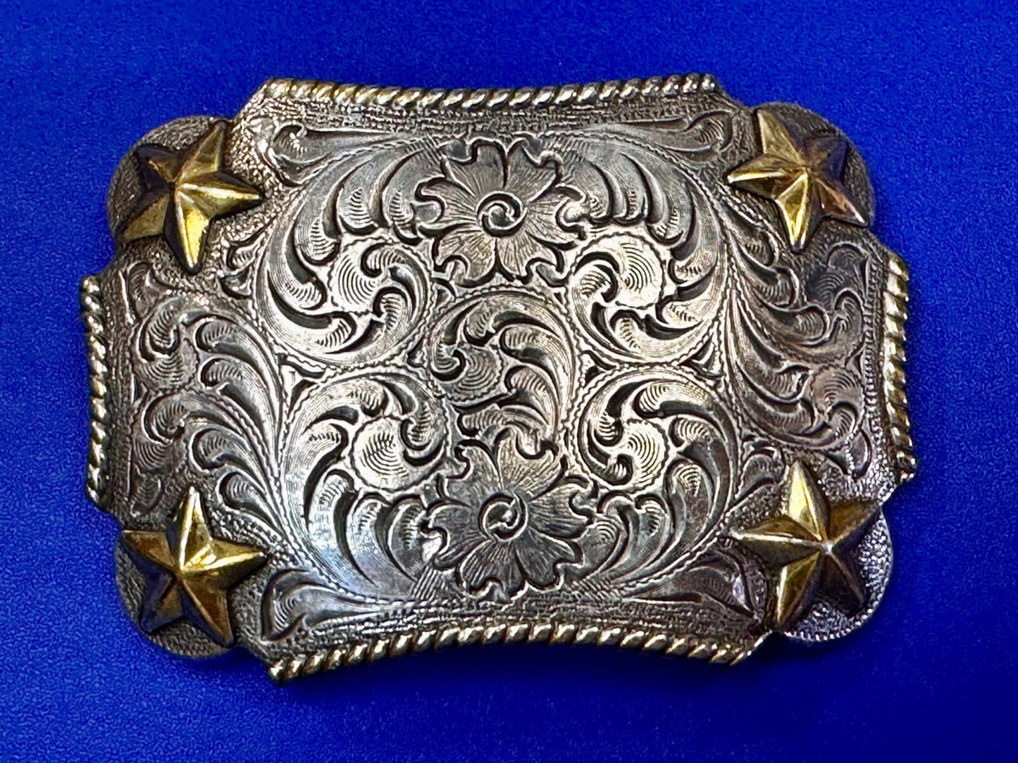 Texas Lone Star Corners Flower Swirl Ornate Western Two Tone Belt Buckle