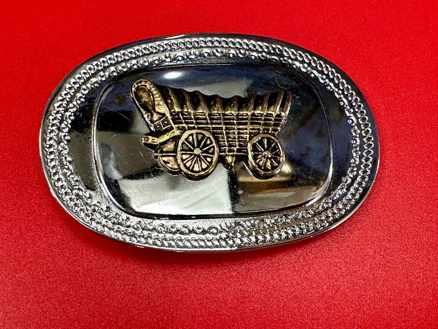 Vintage Covered Wagon - western two tone outlined belt buckle
