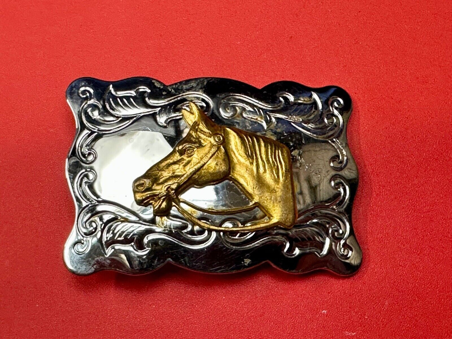 Vintage Chambers Horse head - two tone stamped rectangular belt buckle