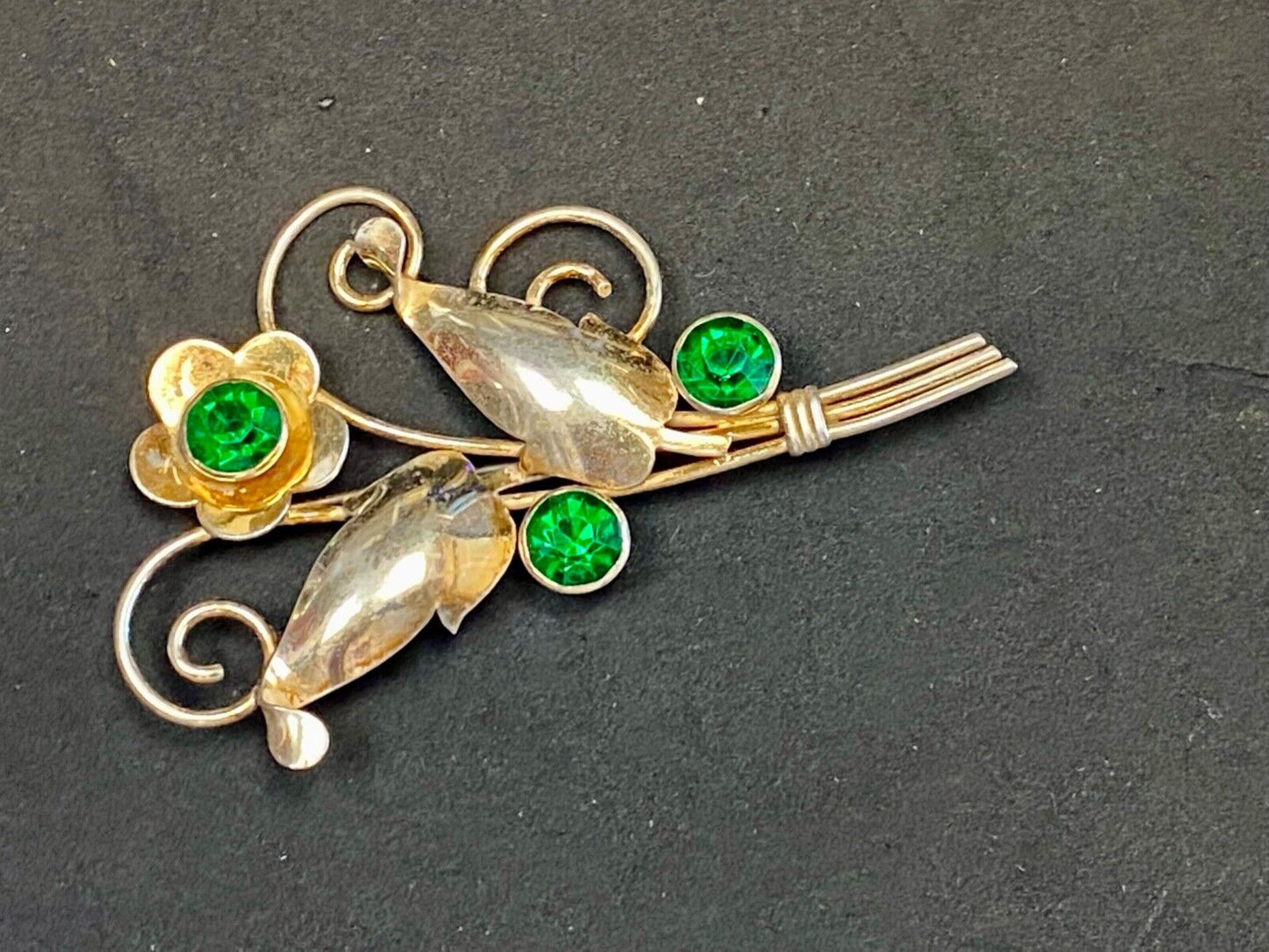 Beautiful Green Rhinestones? In Flower Theme Sterling Silver 925 Vintage Brooch
