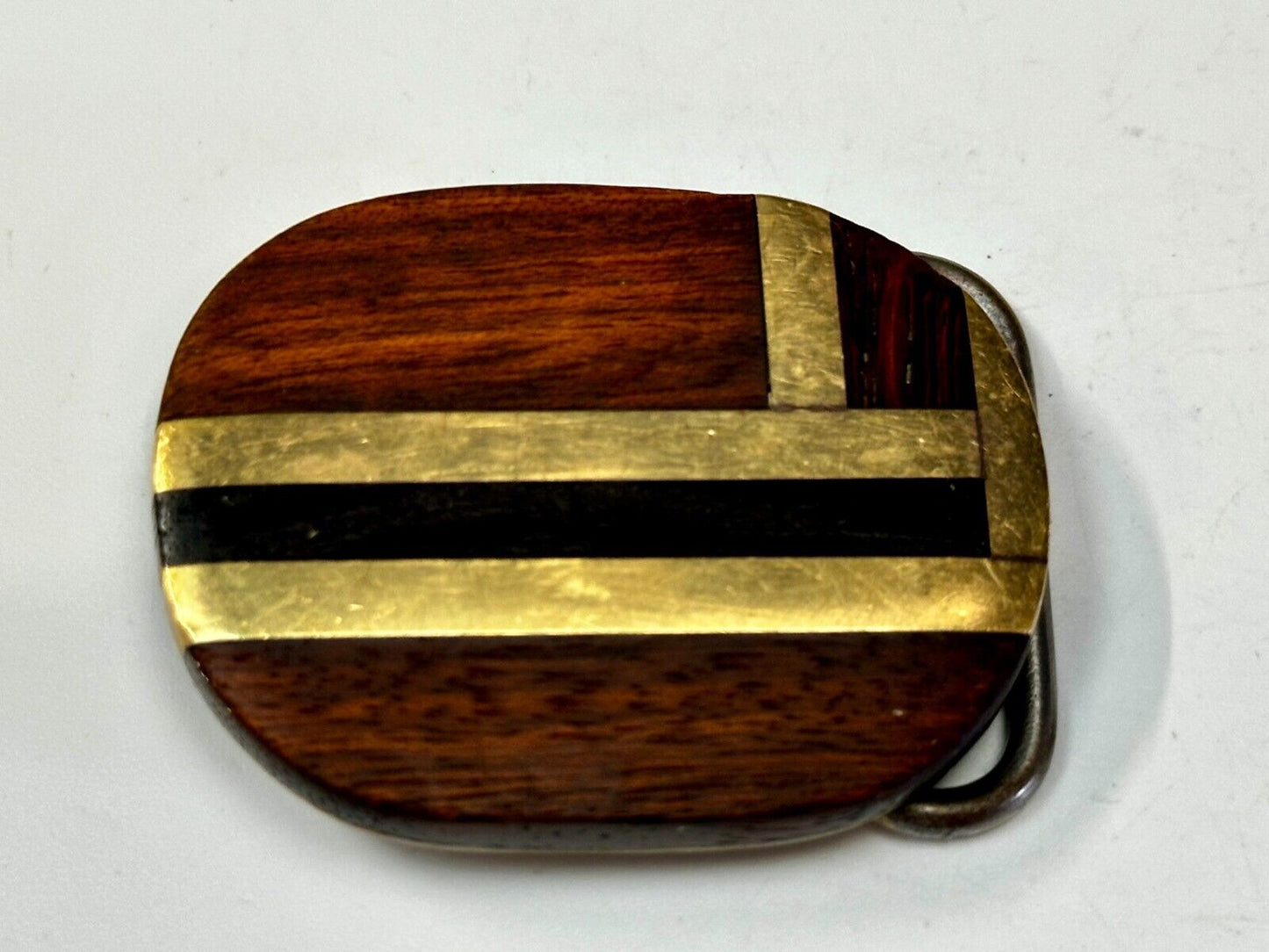 Vintage Artisan Inlay Mixed Wood And Solid Brass Small Belt Buckle