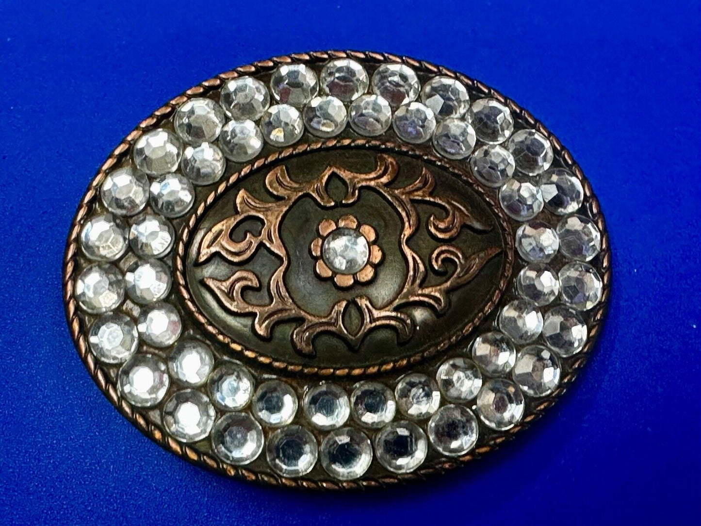 Vintage brown oval floral theme Belt Buckle with Rhinestone surround