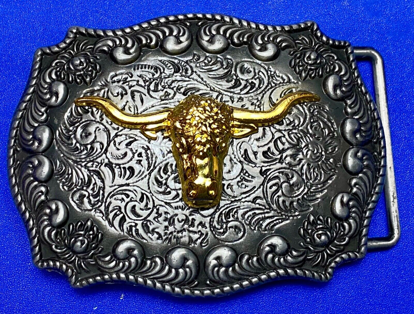 Texas longhorn western raised steer cow two tone 3.5" wide belt buckle
