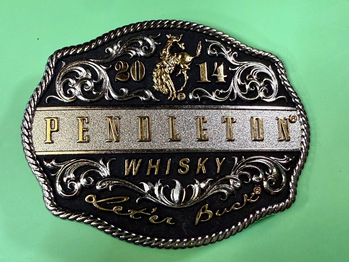 2014 Pendleton Whiskey Let'er Buck Rodeo Cowboy Montana Silversmiths Belt Buckle