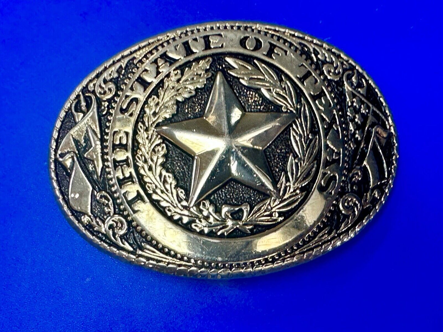 The Great State of Texas Star & Flag gold & black color USA made belt buckle