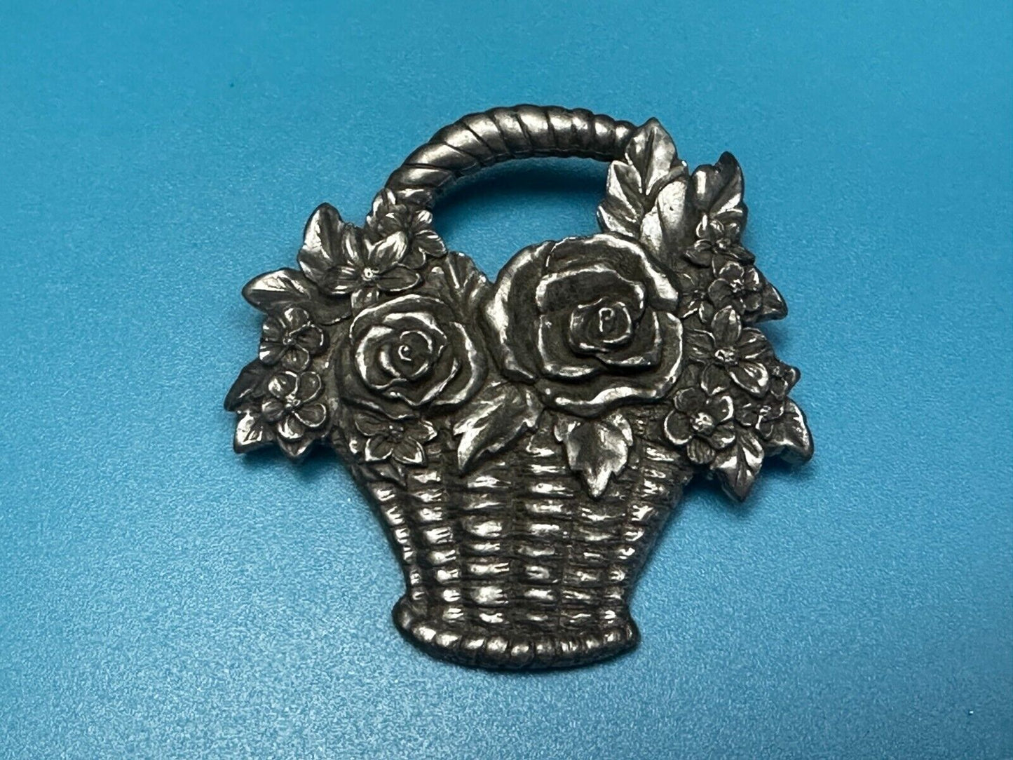 Vintage 1980's Flower Basket Floral Pewter Brooch Pin Signed Seagull Canada