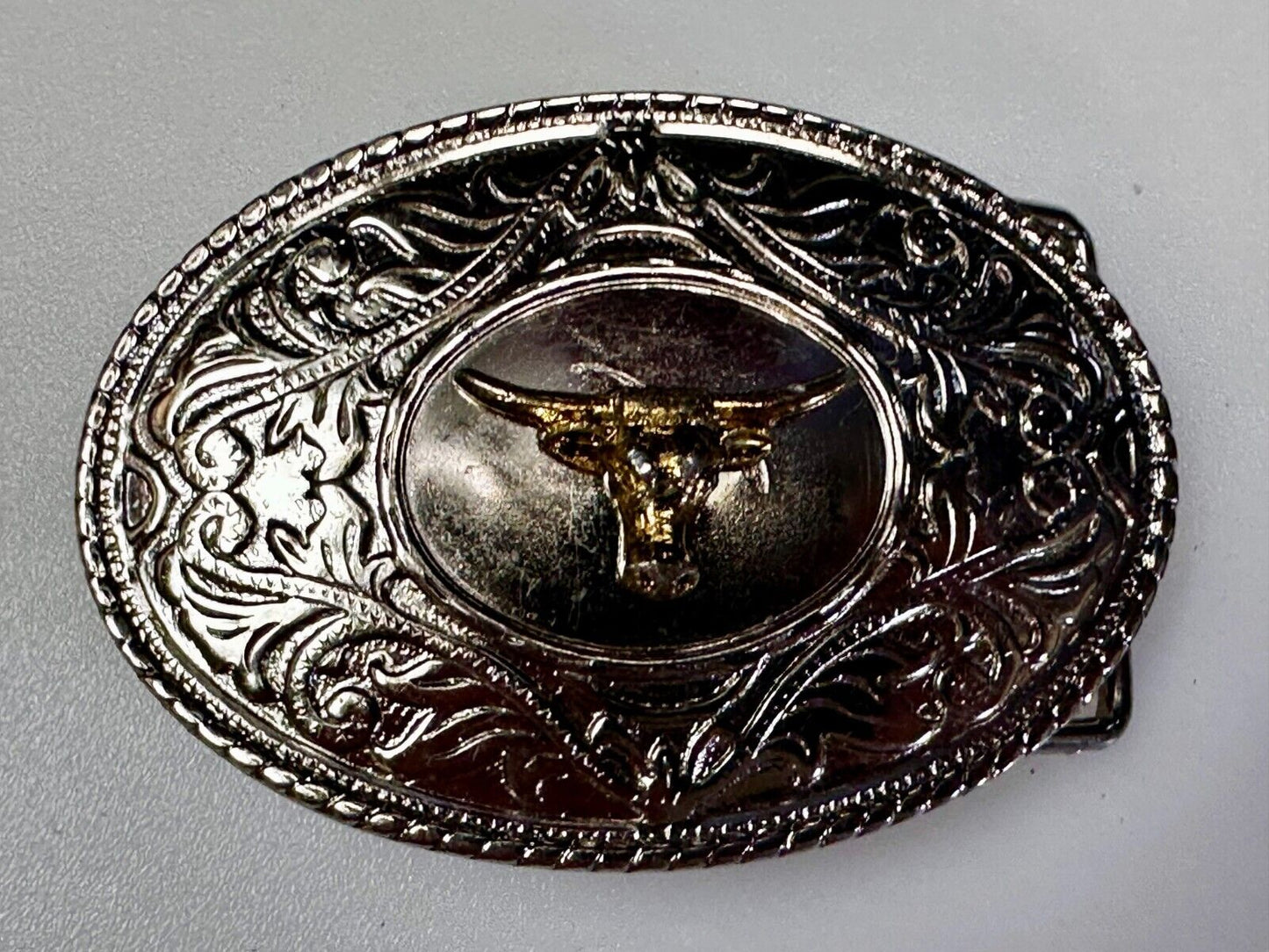 Texas Longhorn Vintage Ornate Cowboys Cowgirls Western Two Tone Belt Buckle
