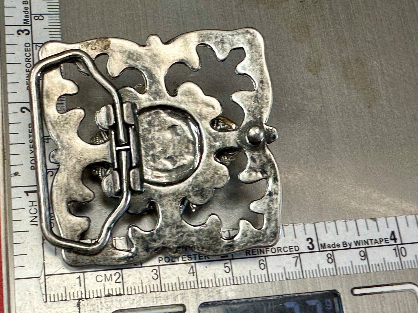 Artisan unique rhinestone mixed media see through silver tone belt buckle