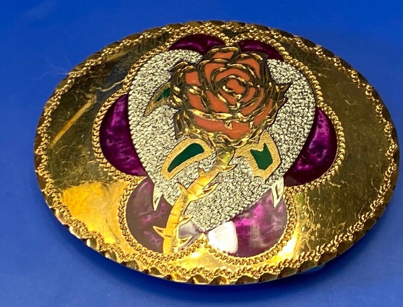 Beautiful Rose - S. O. Steele 1993 vintage inlaid artisan QUALITY belt buckle
