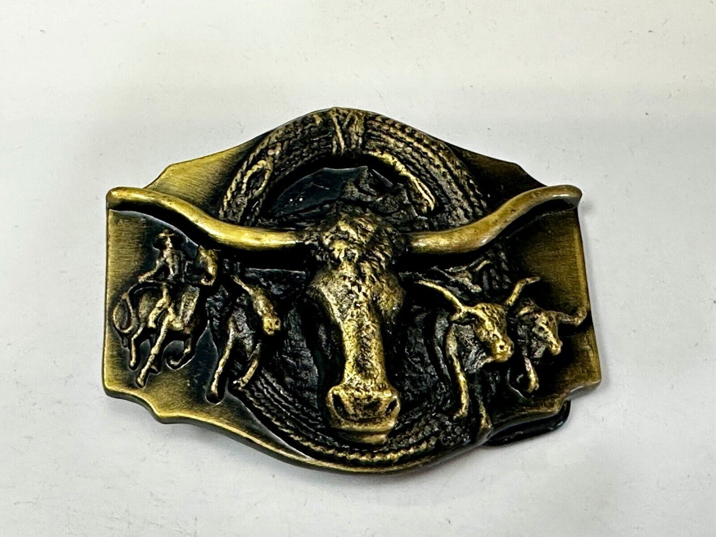 Vintage Long Horn Roping Horseback Rodeo Cowboy and Raised 3D Head Belt Buckle