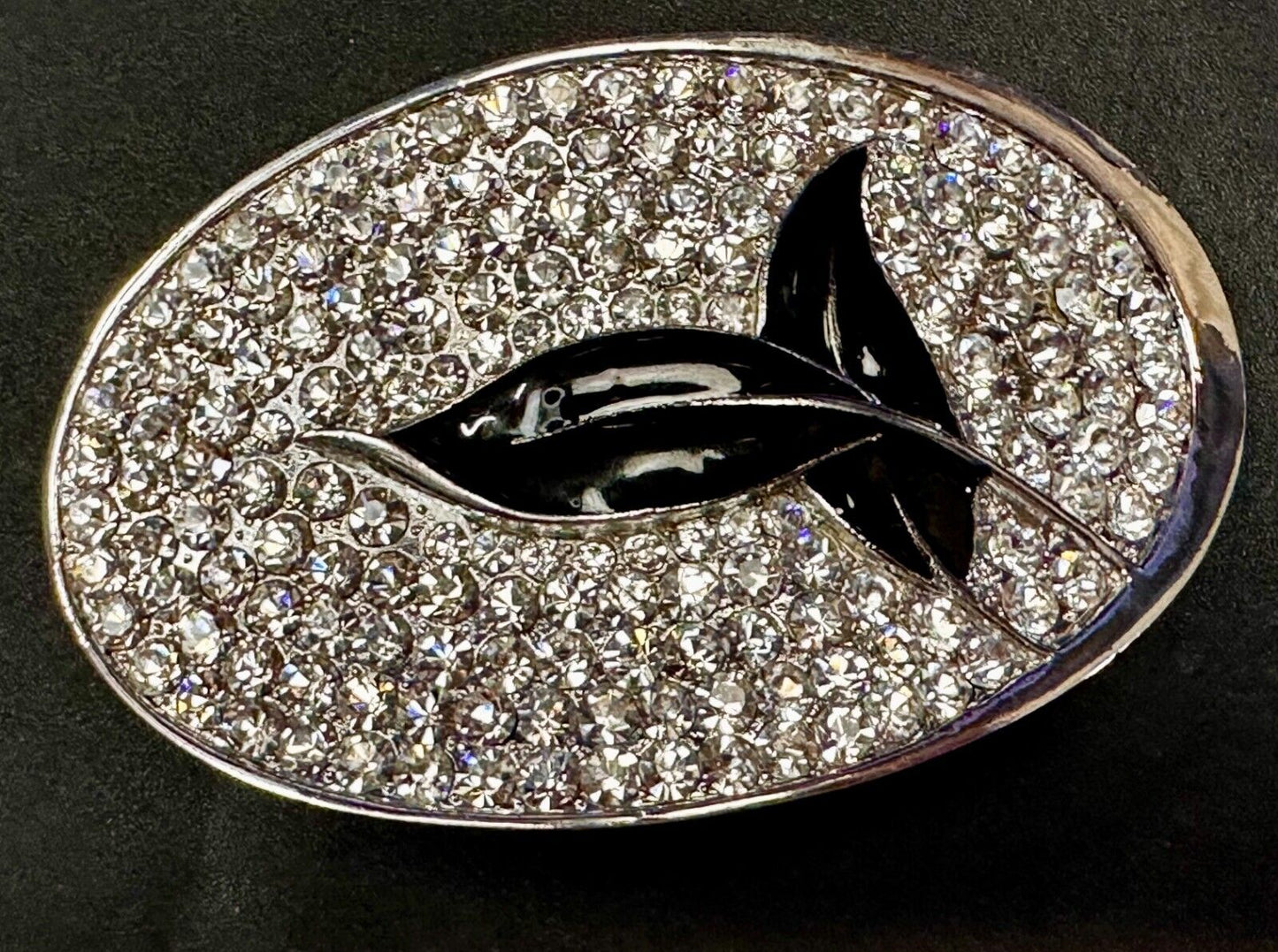 Black Leaf Design Silver Tone Clear Rhinestone Covered Oval Designer Belt Buckle