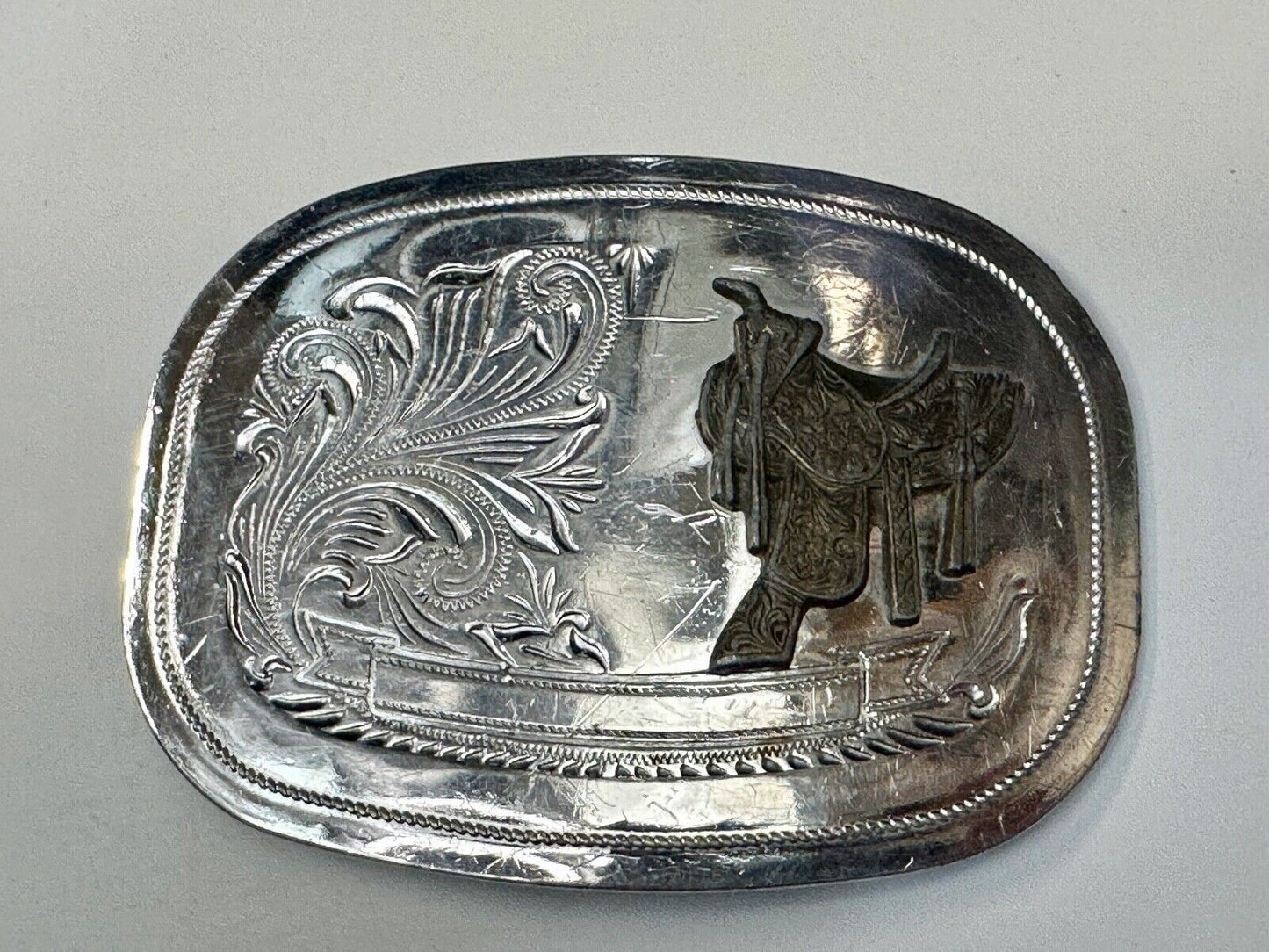 Vintage Cowboy Horse Saddle western belt buckle - blank award ribbon