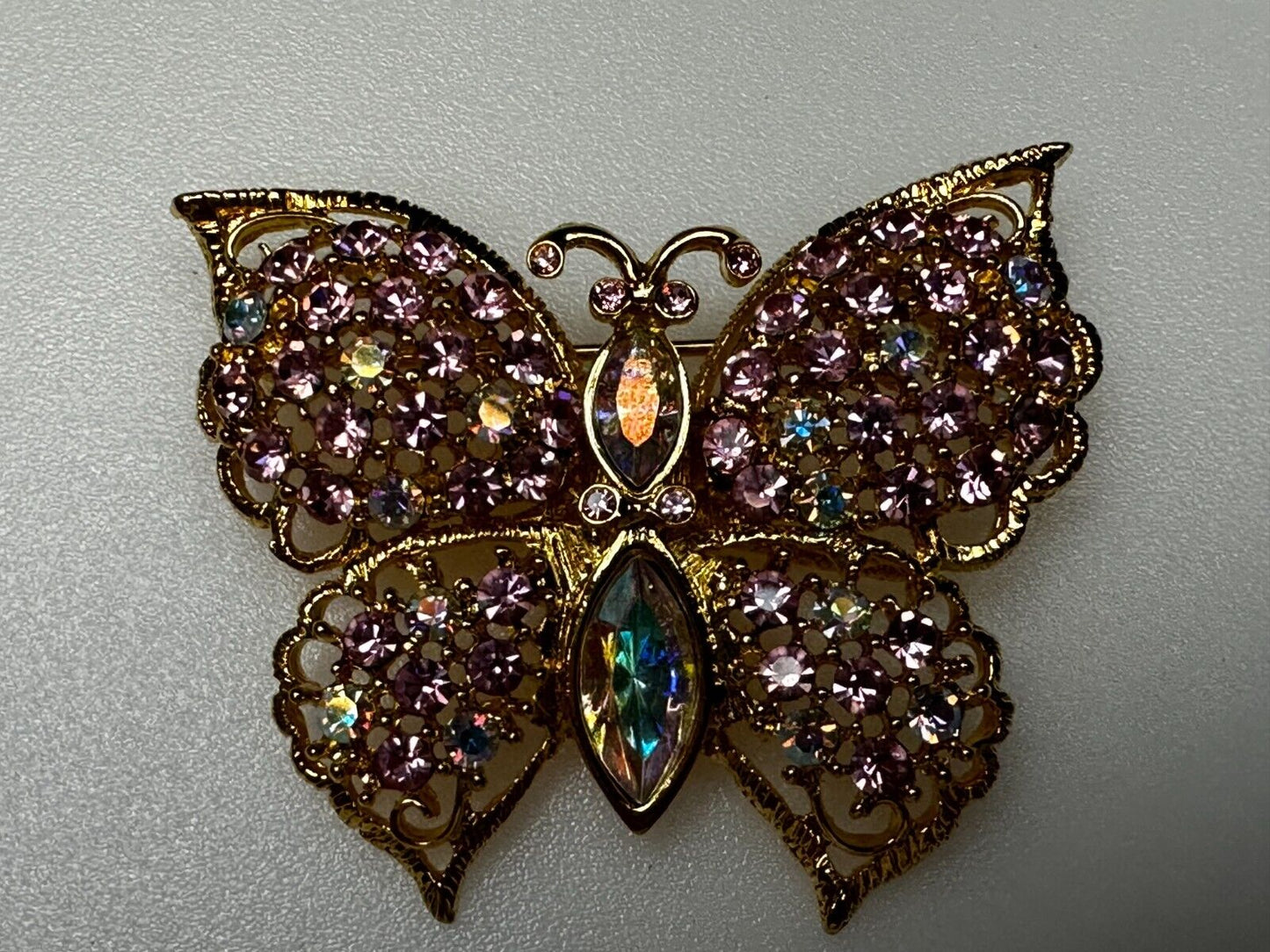 Aurora Borealis Butterfly Jeweled Insect Figural Brooch Pin Signed By Graziano