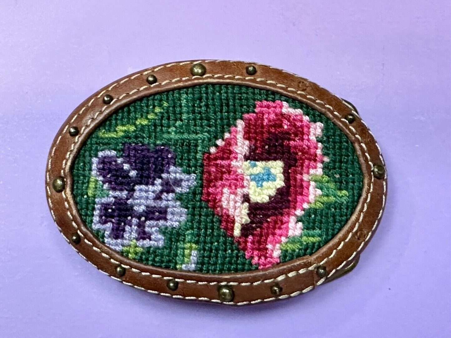 Beautiful Flowers Artisan cross-stitched on brown leather Vintage Belt Buckle