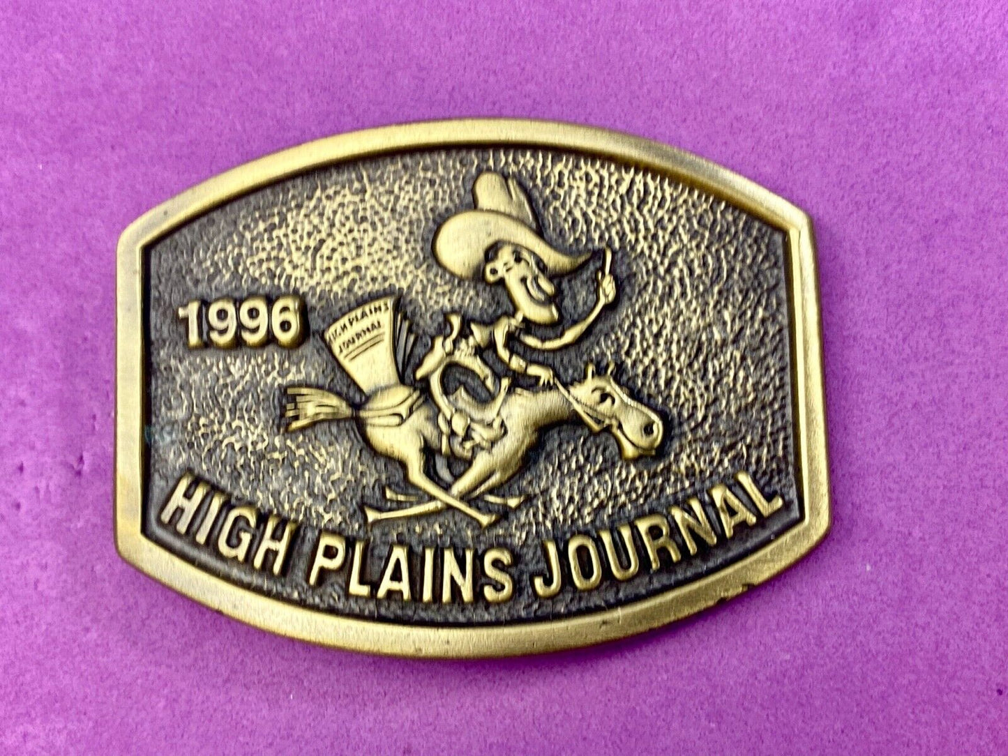 Vintage 1996 High Plains Journal Belt Buckle Cowboy Horse Newspaper