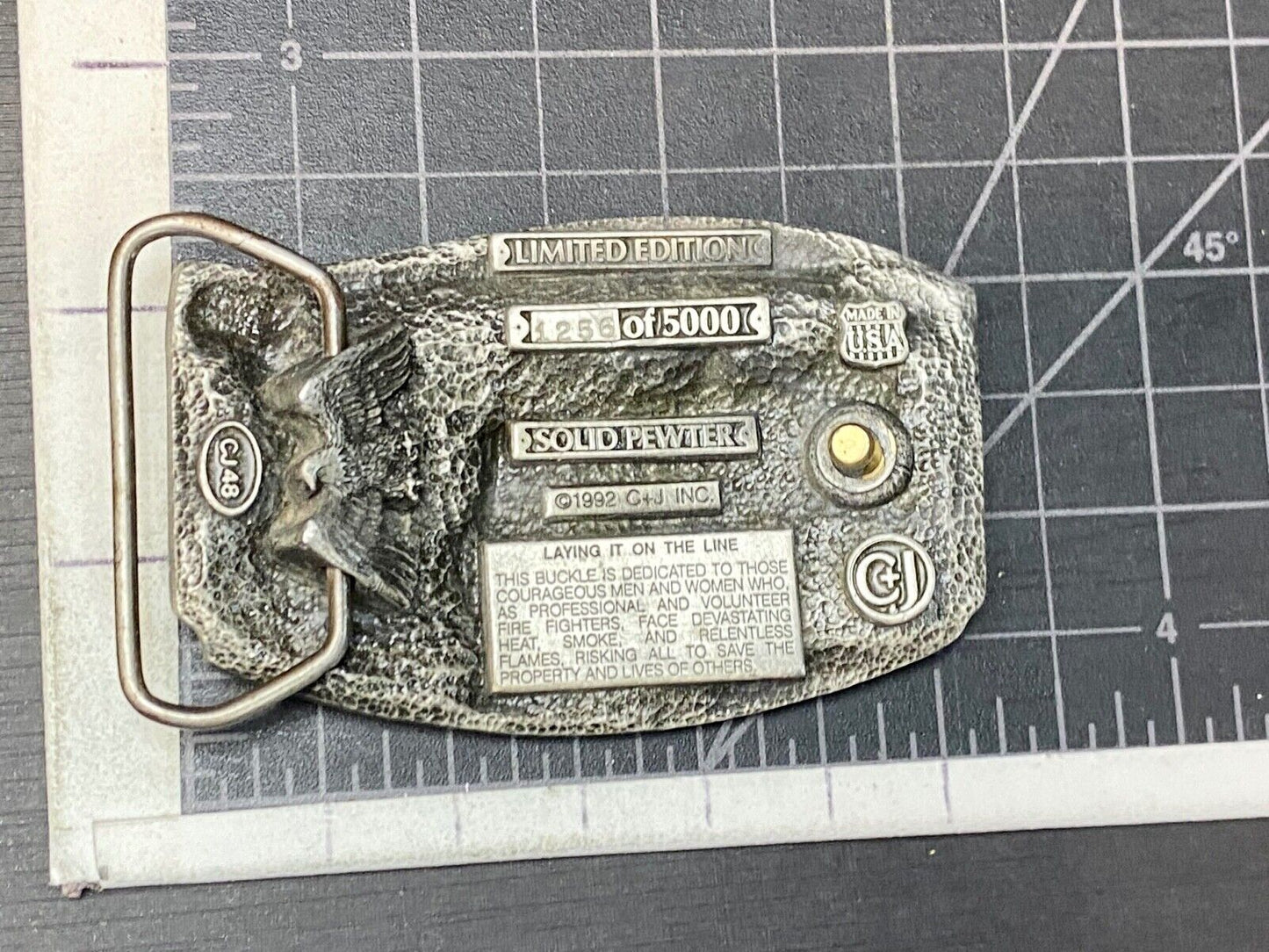 Vintage 1992, Laying it on the line fire department pewter belt buckle