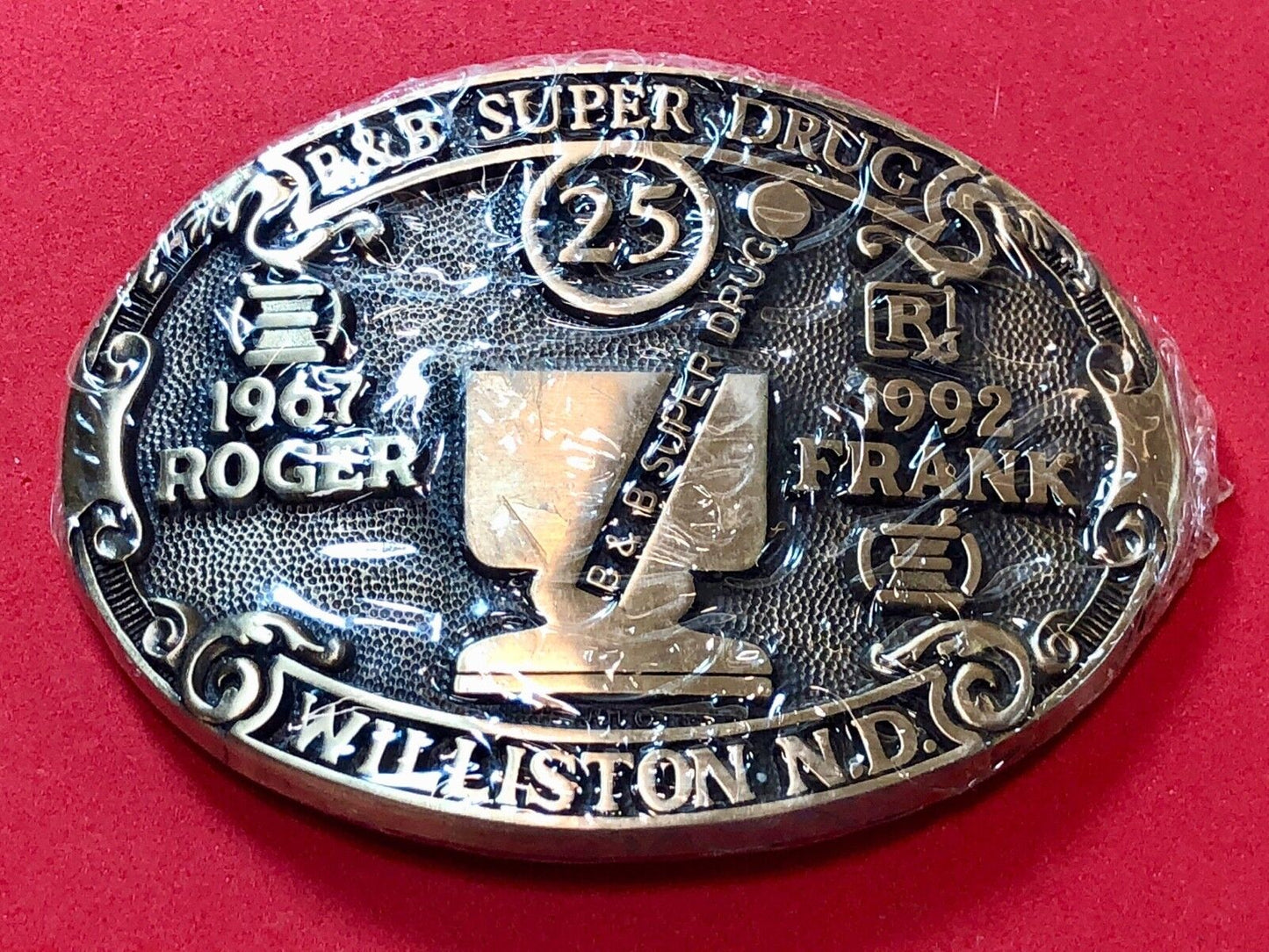 B&B Super Drug Store Roger Frank Williston ND Belt Buckle Advertising Promo