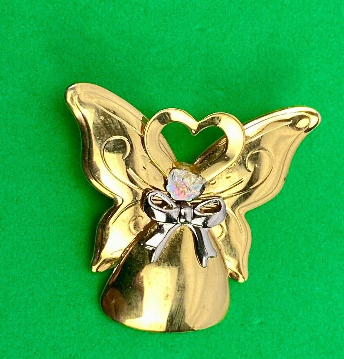 Vintage Angel Brooch Pin Gold Tone Rhinestone Heart Halo Butterfly Wings Jane