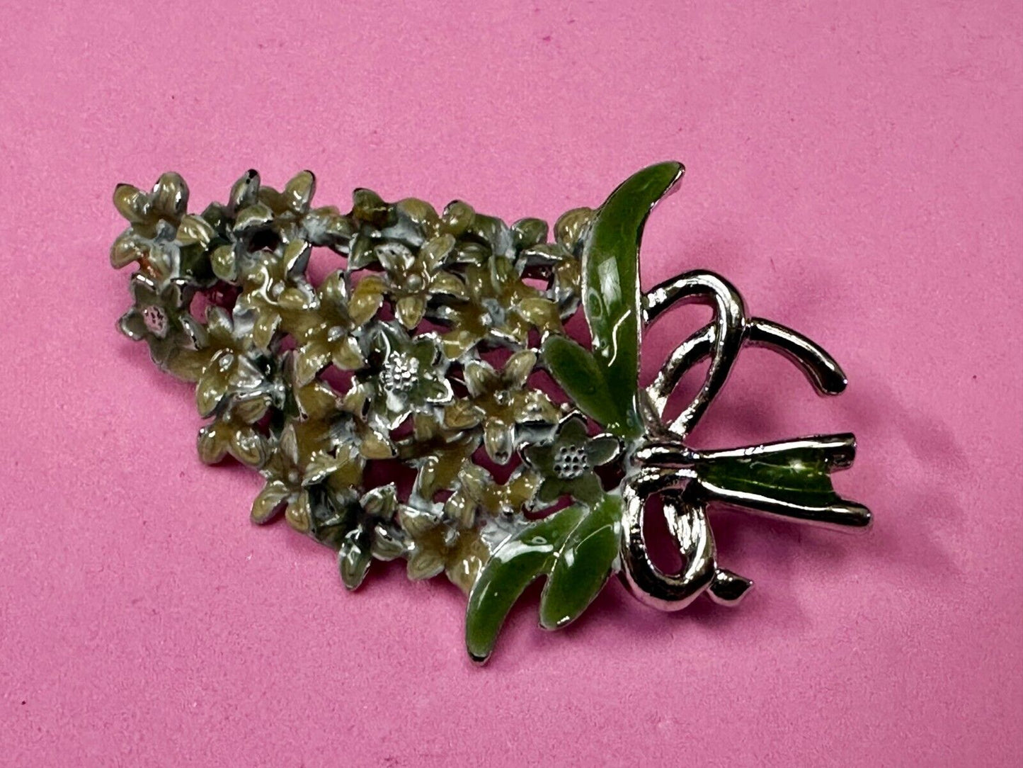 Vintage Enameled Flower Bouquet Silver Tone Vintage Brooch Pin