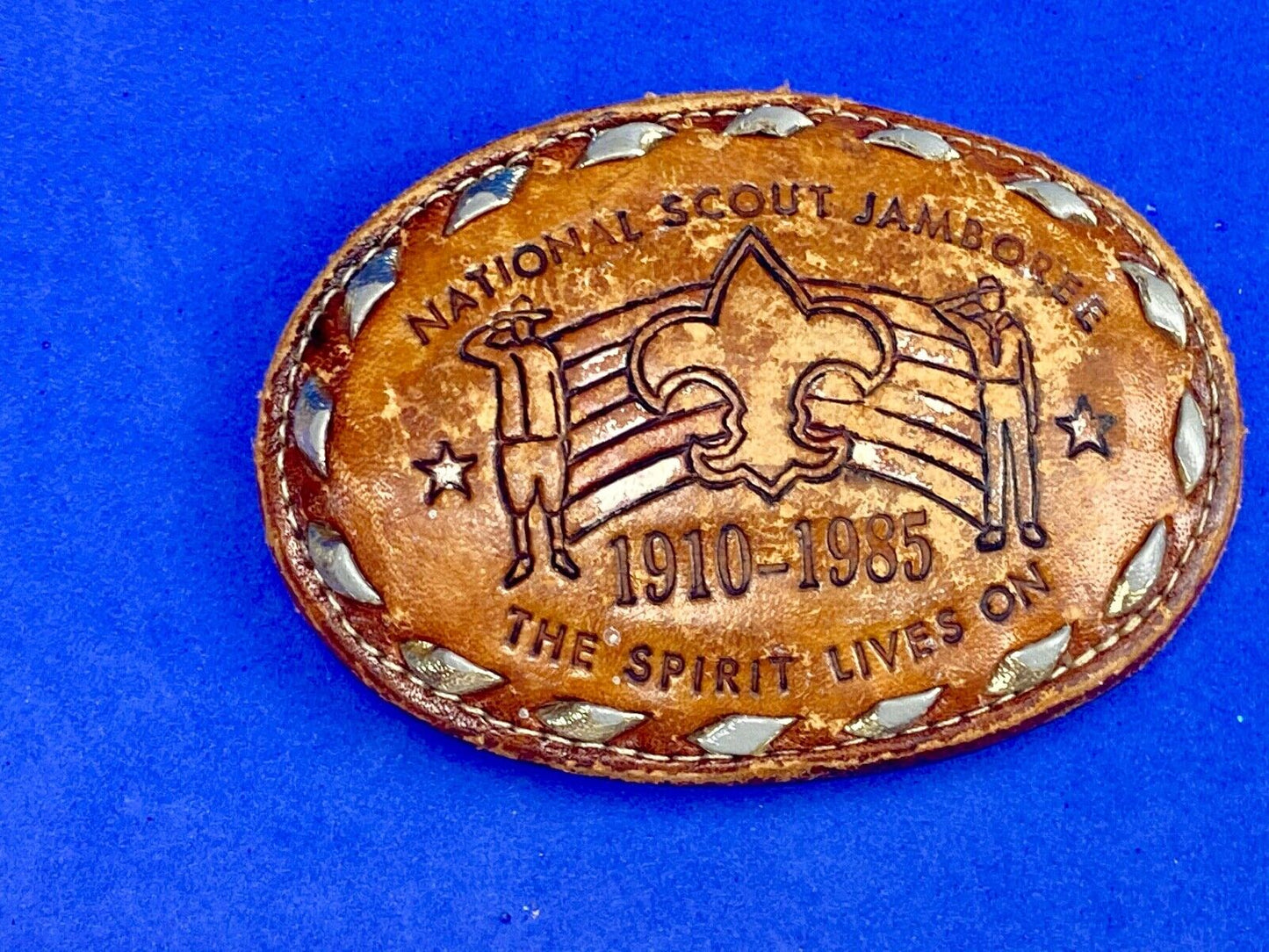 Vintage 1985 BSA National Scout Jamboree Boy Scouts leather belt buckle