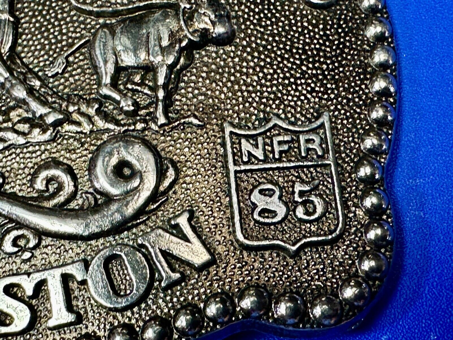 1985 NFR Rodeo Vintage Hesston Belt Buckle Steer Wrestling Cowboy