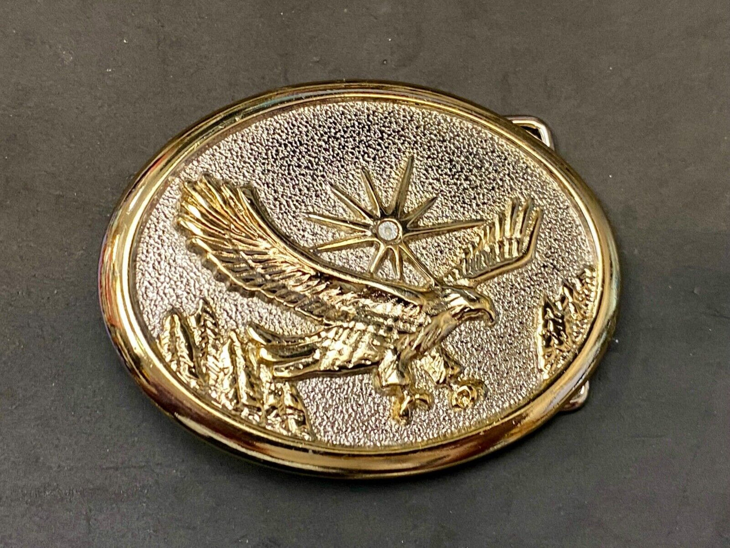 Vintage Eagle Flying Over Mountains W/ Sunburst two tone oval belt buckle