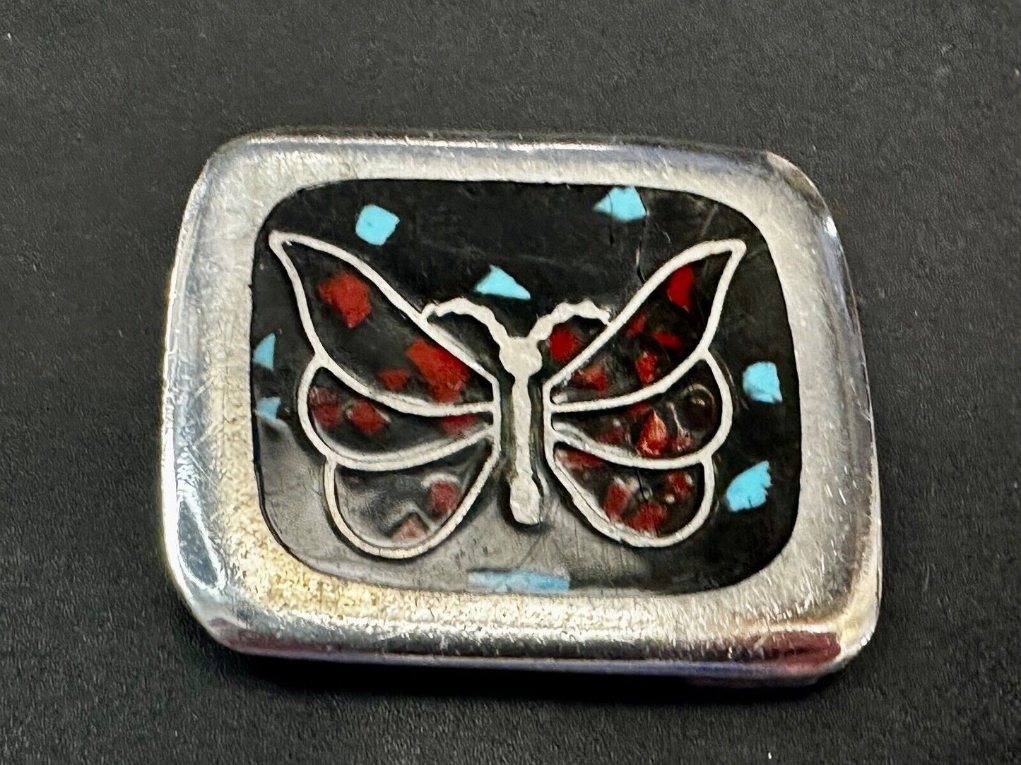 Artisan Butterfly in resin with Turquoise and coral colored chips Belt Buckle