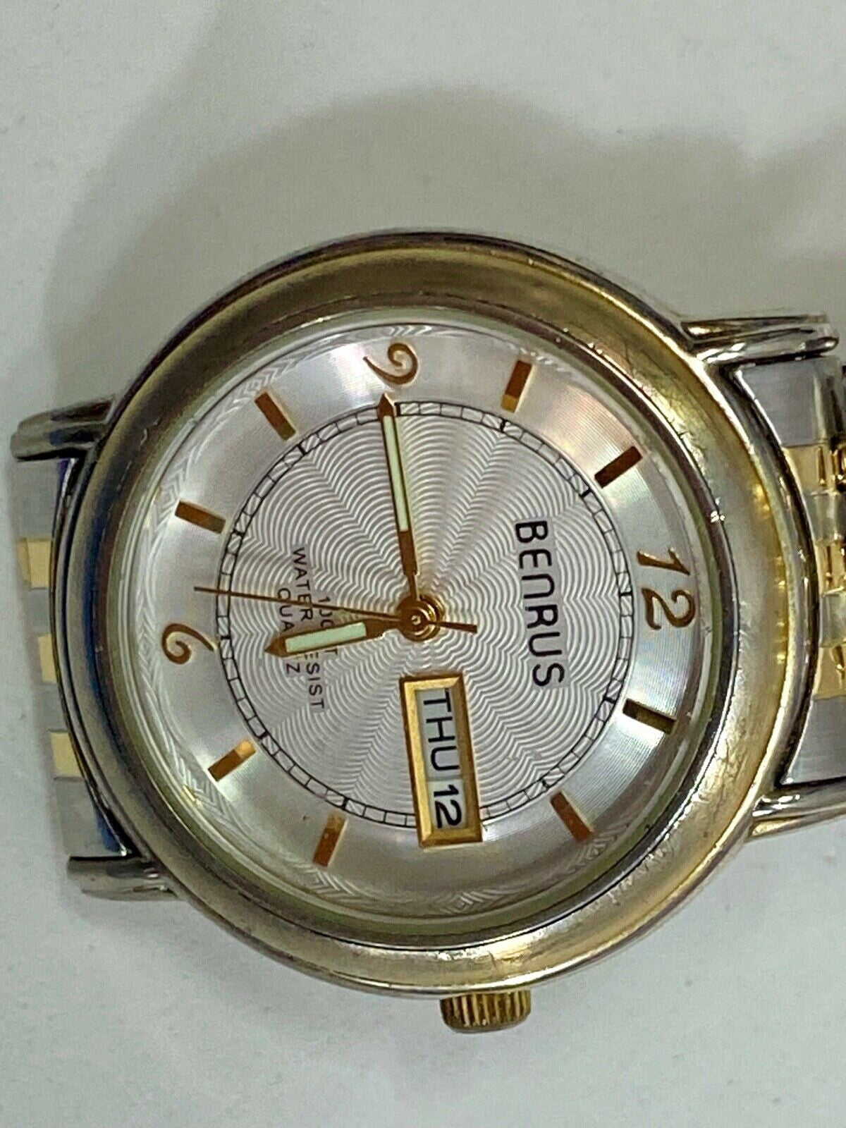 Benrus Day Date Bnw708 Two Tone Stretch Band Watch Working Well, Fresh Battery