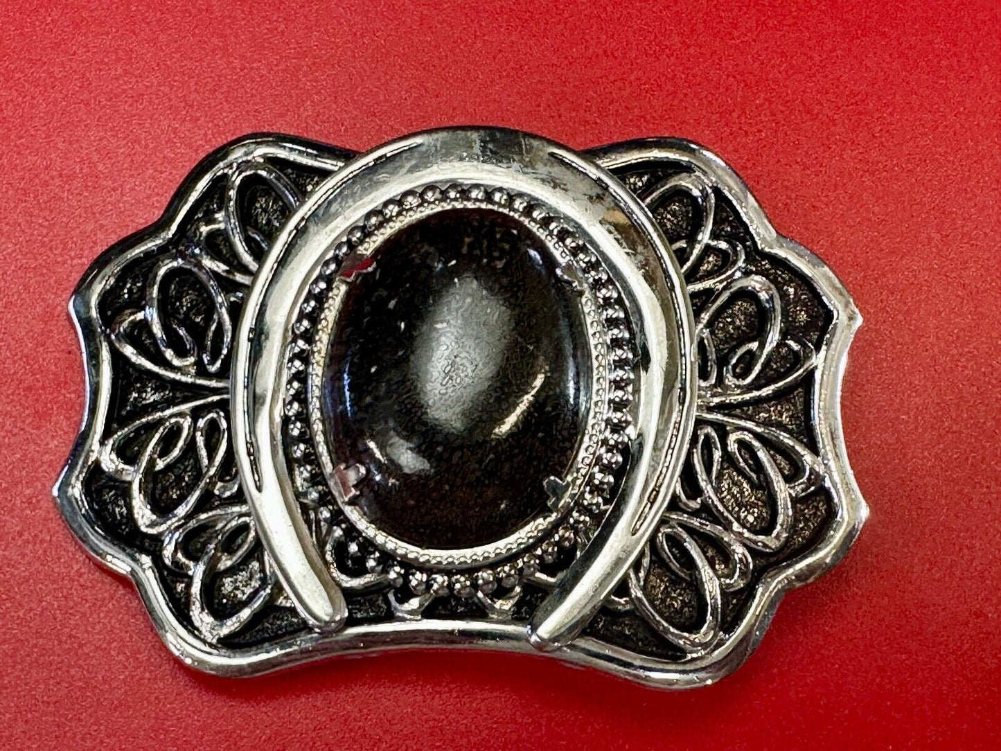 Beautiful Black Detailed cabochon cab stone centerpiece on horseshoe belt buckle