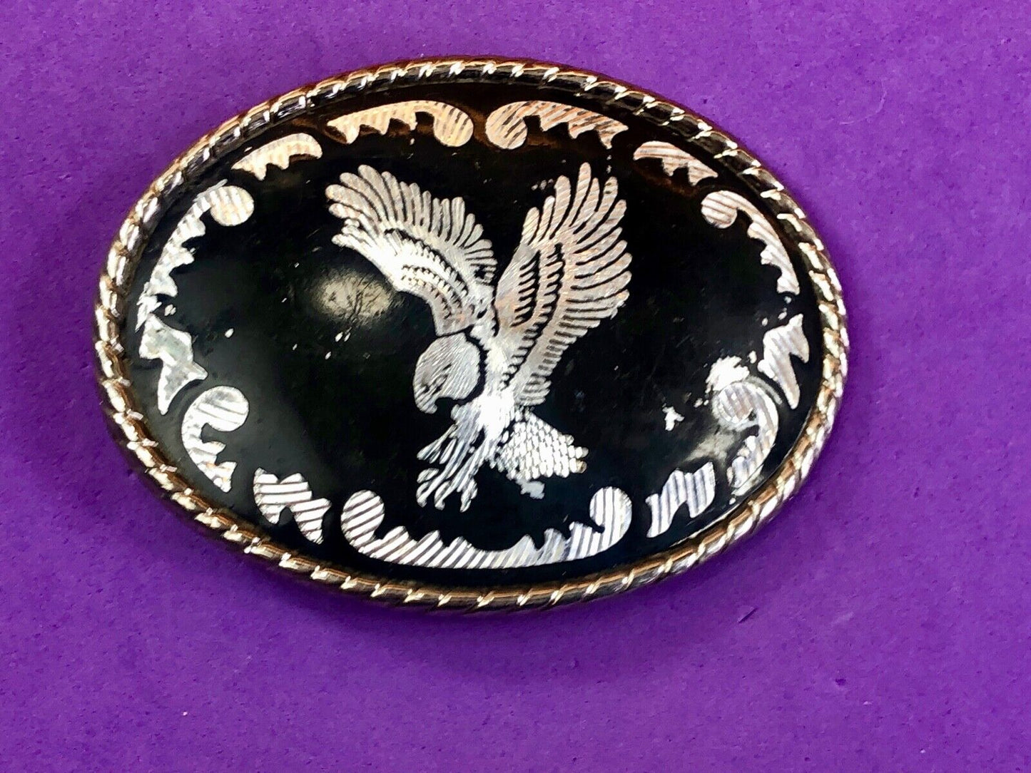 Black and silver color western belt buckle soaring eagle flying hunting diving w