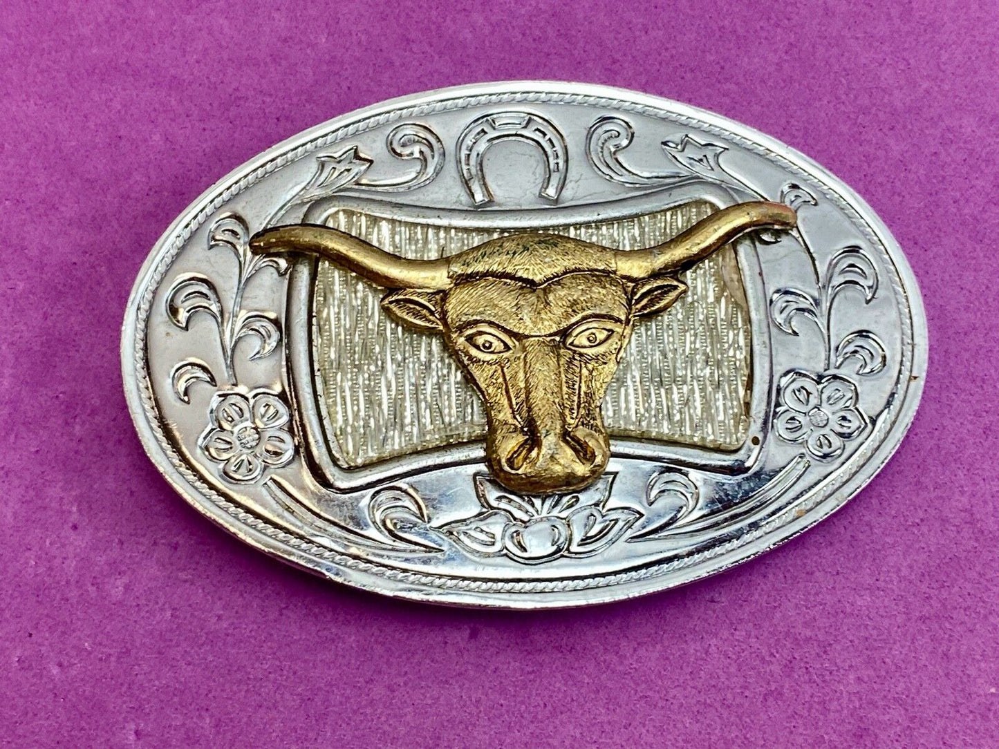 Texas Long Horn Cow Steer Cattle raised western belt buckle - Made in Japan