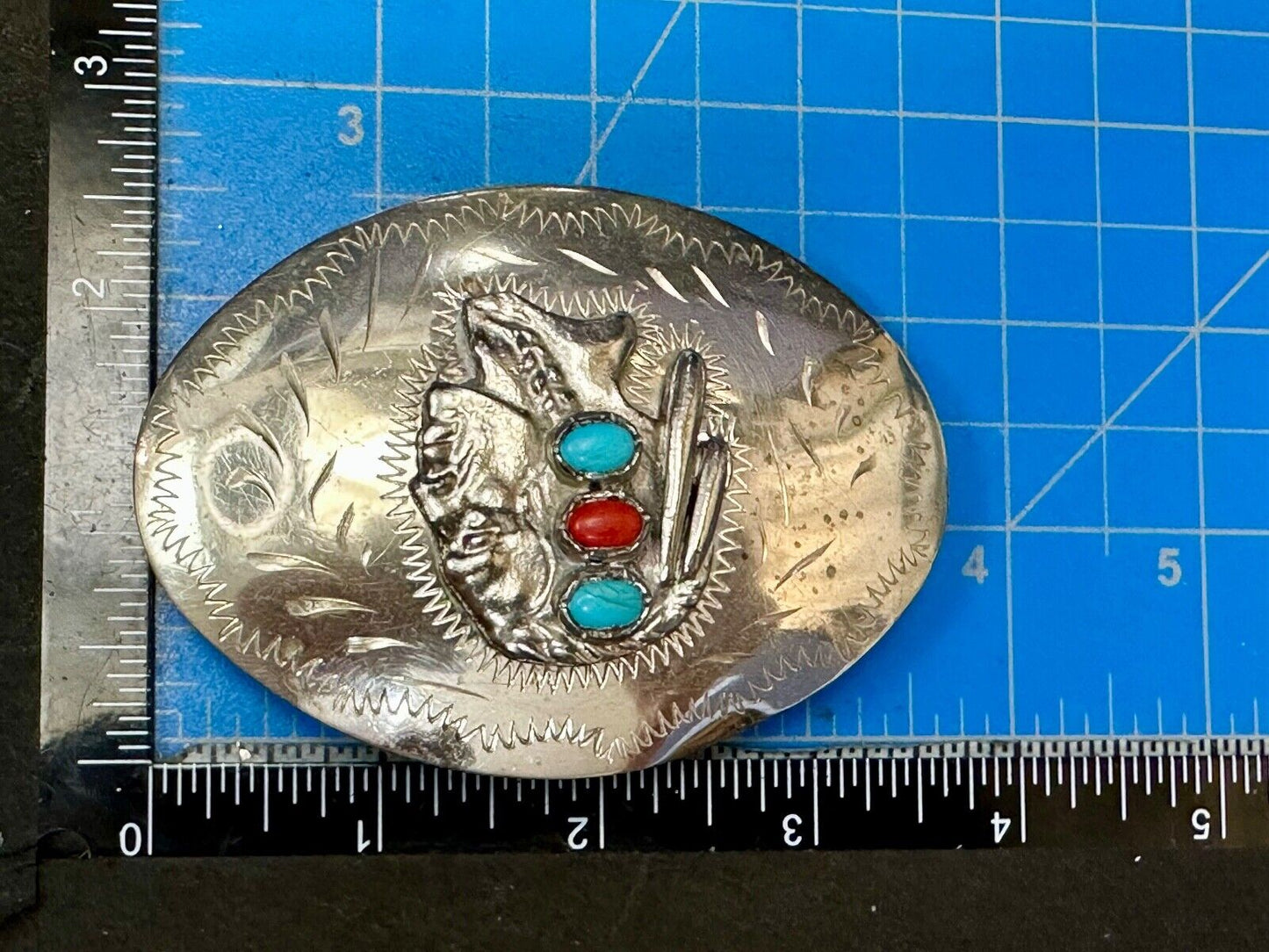 Artisan Native American Indian Bust Belt Buckle Faux Turquoise & coral accents