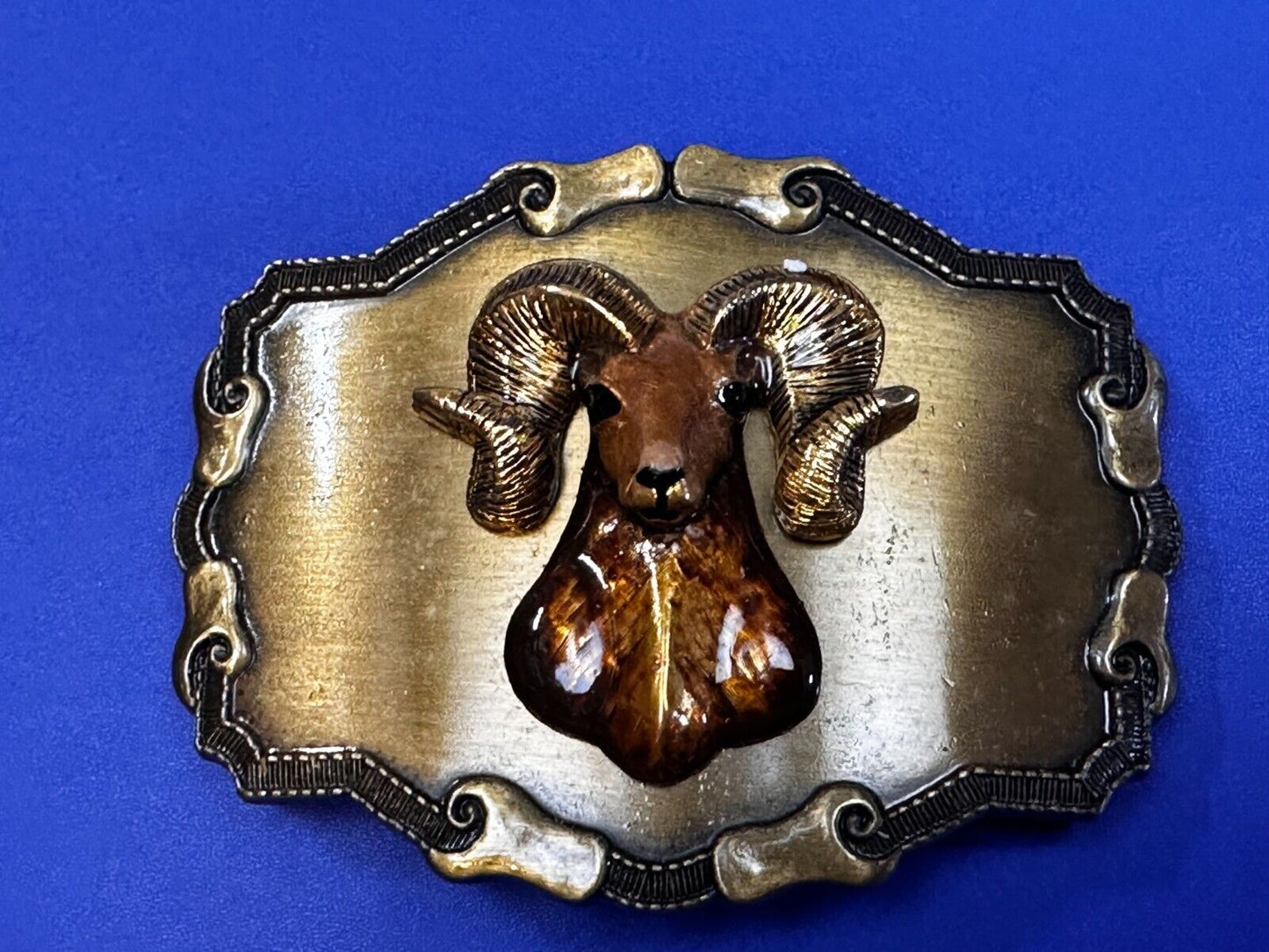 3D Big Horn Sheep Ram Mountain Goat Head Western Framed Belt Buckle by Raintree