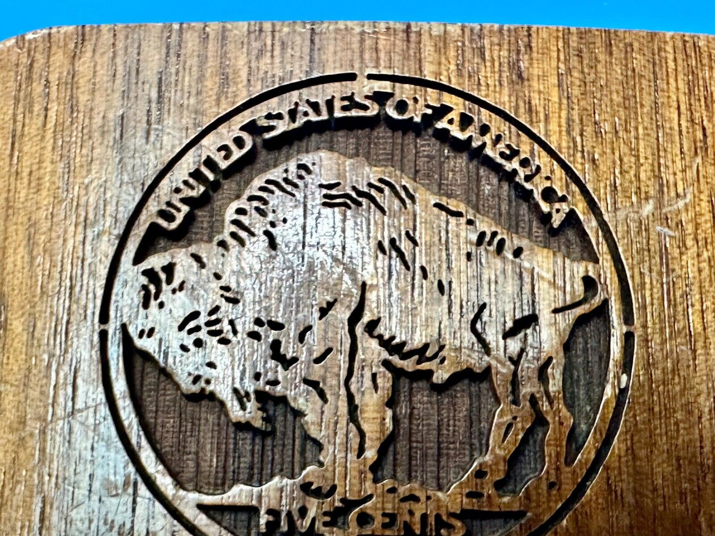 Vintage Buffalo Nickel Five Cents Wood Laser Engraved Lazercraft Belt Buckle USA