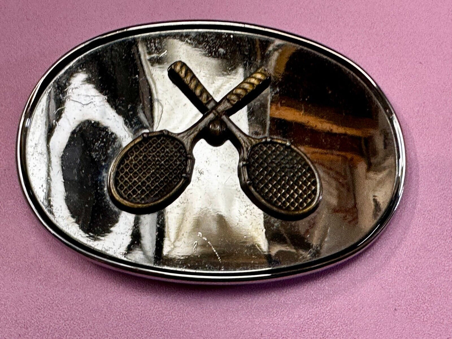 Tennis Racquet's Sports Fan's Vintage Two Tone Reflective Oval Belt Buckle