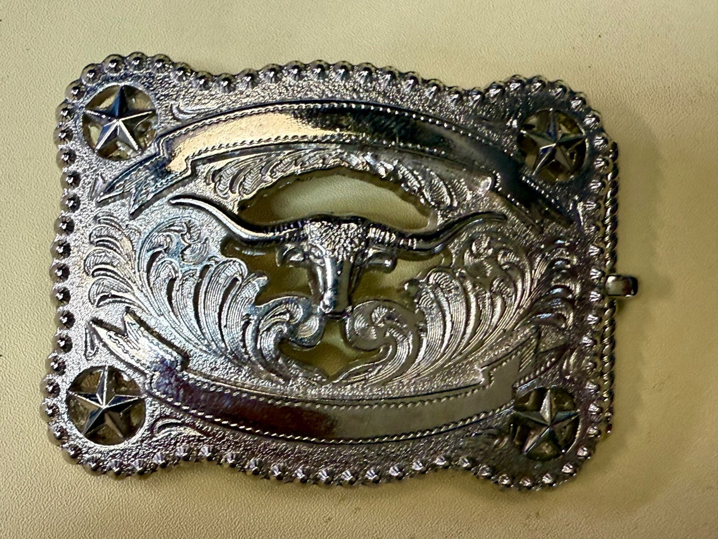 Texas Longhorn Cutout See Through Silver Tone Belt Buckle W/ Stars Award Ribbon