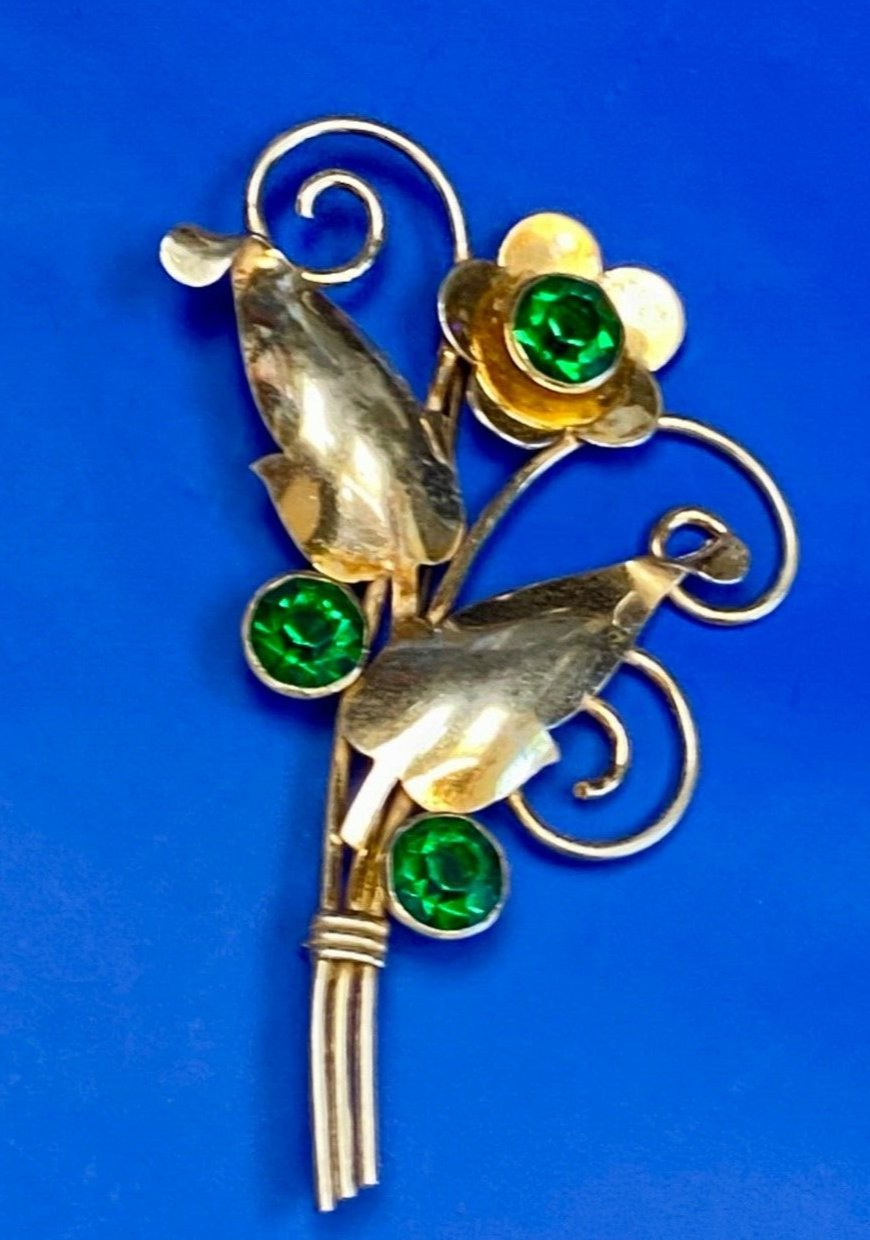 Beautiful Green Rhinestones? In Flower Theme Sterling Silver 925 Vintage Brooch