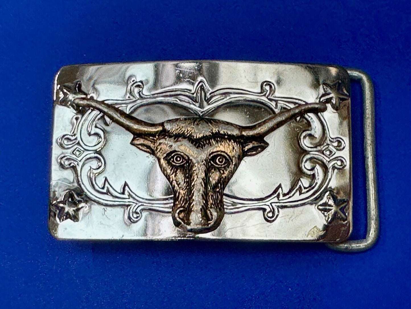 Texas Longhorn Cow Steer on Vintage two tone reflective western Belt Buckle