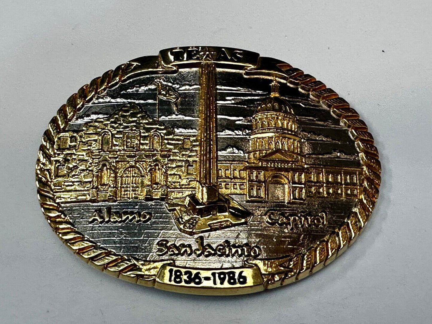 TEXAS SESQUICENTENNIAL ALAMO SAN JACINTO CAPITAL 1836-1986 TW Baker Belt Buckle