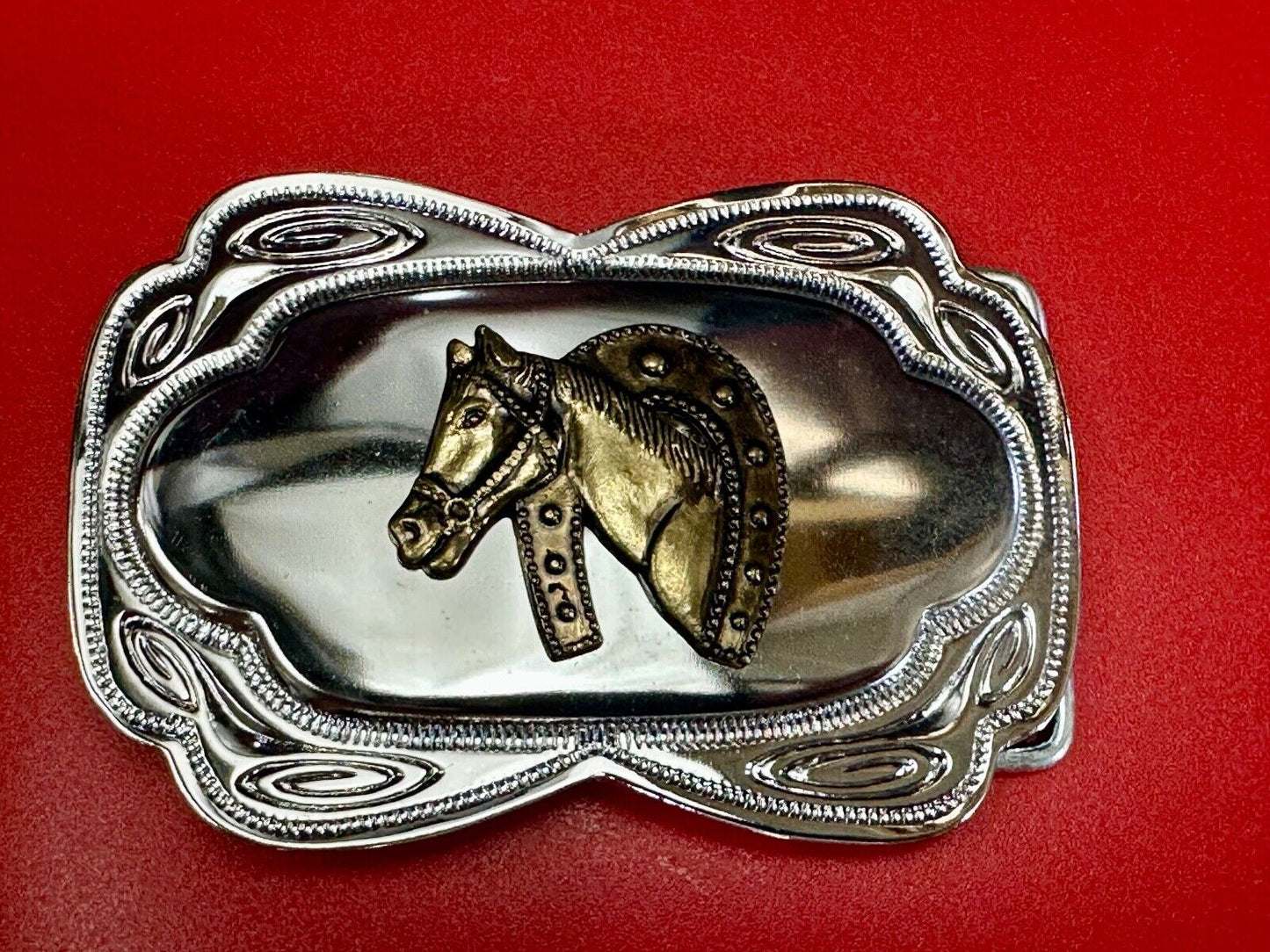 Beautiful NOS Horse head through lucky horseshoe - Two tone belt buckle
