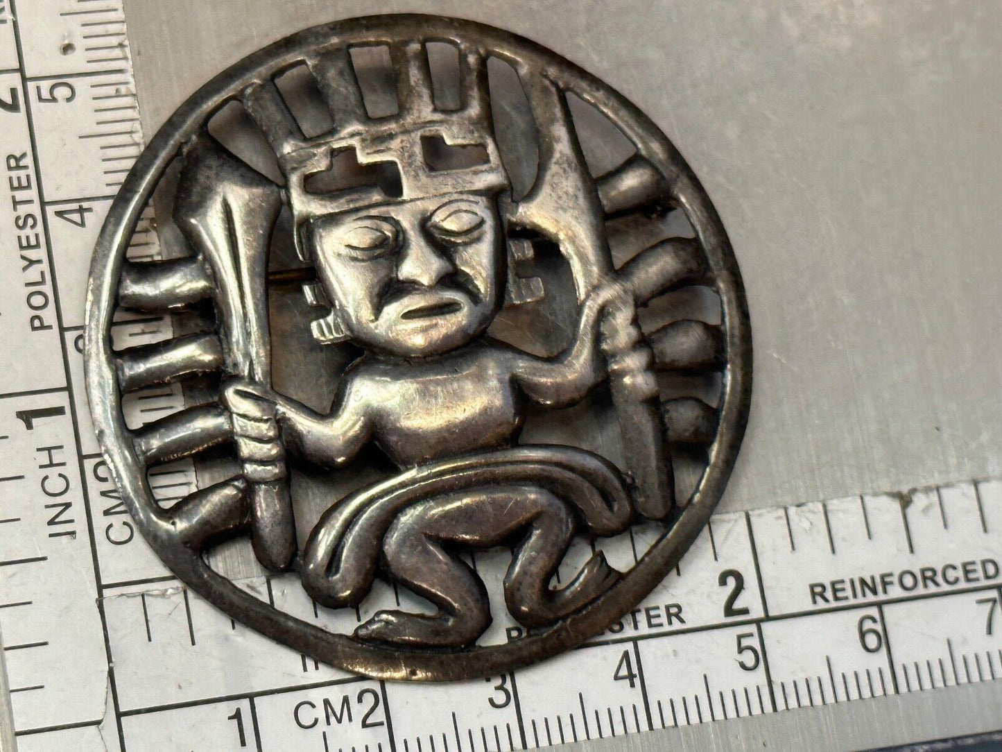 Tribal Chief Man Figure Aztec? unknown to me! Sterling Brooch Pin