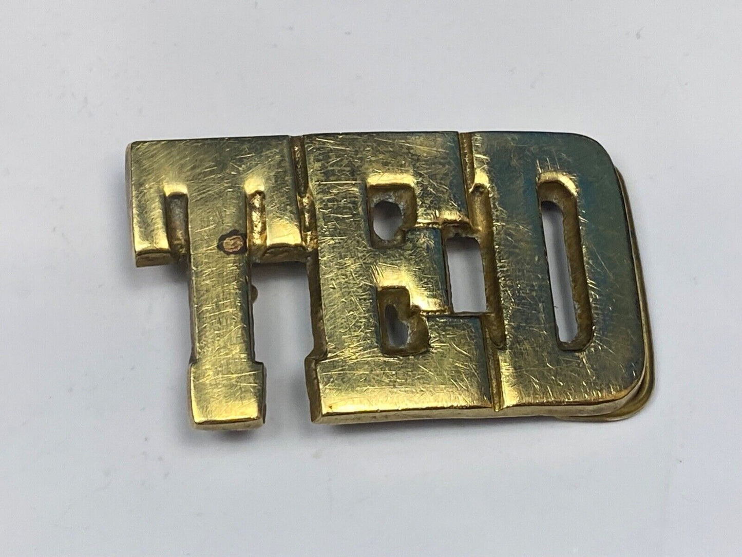 Ted - Name In Cutout Block Letters Solid Brass Belt Buckle Marked Taiwan Roc