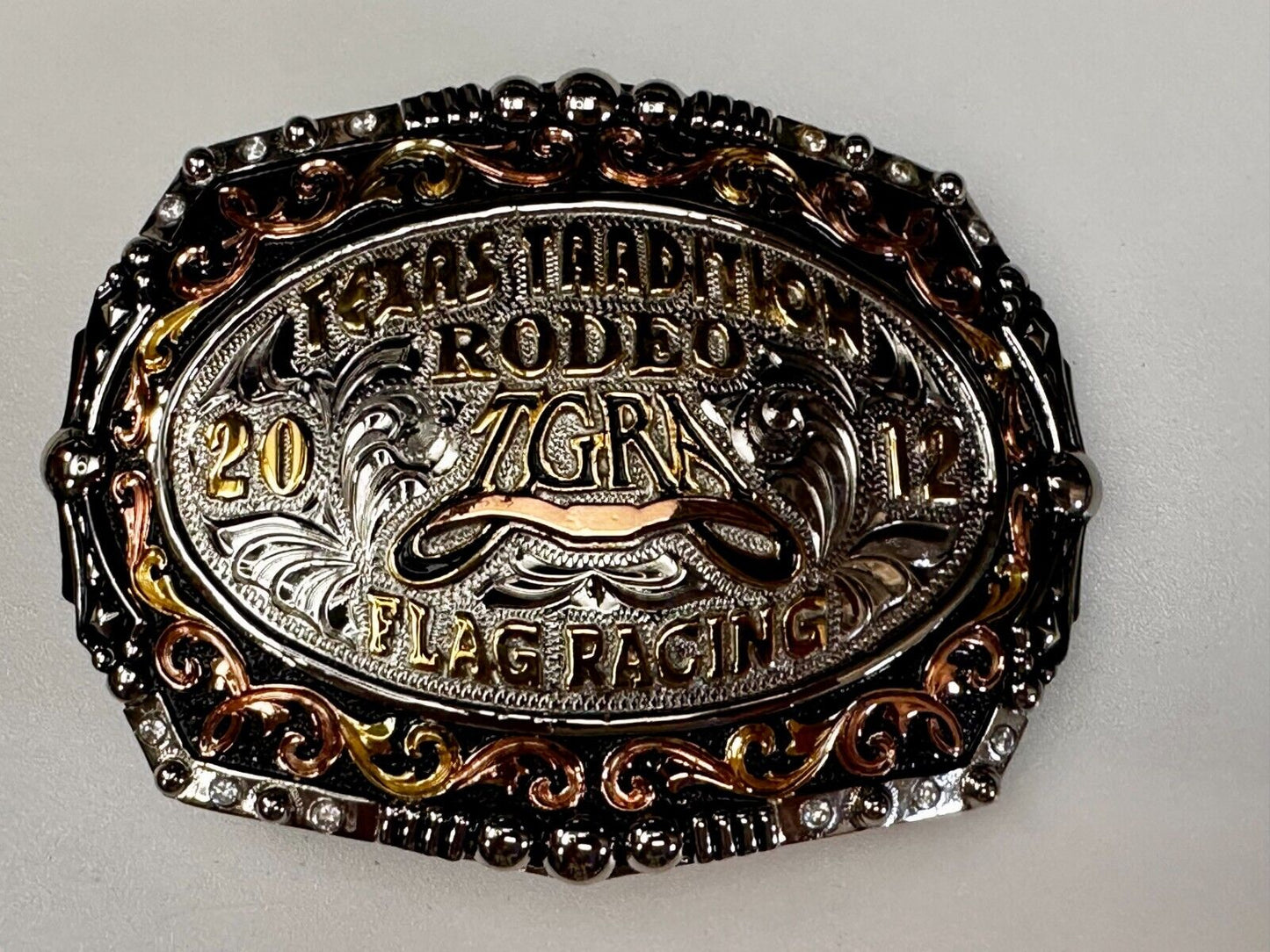 TGRA Texas Tradition Rodeo Flag Racing 2012 Trophy Award Belt Buckle Lone Star