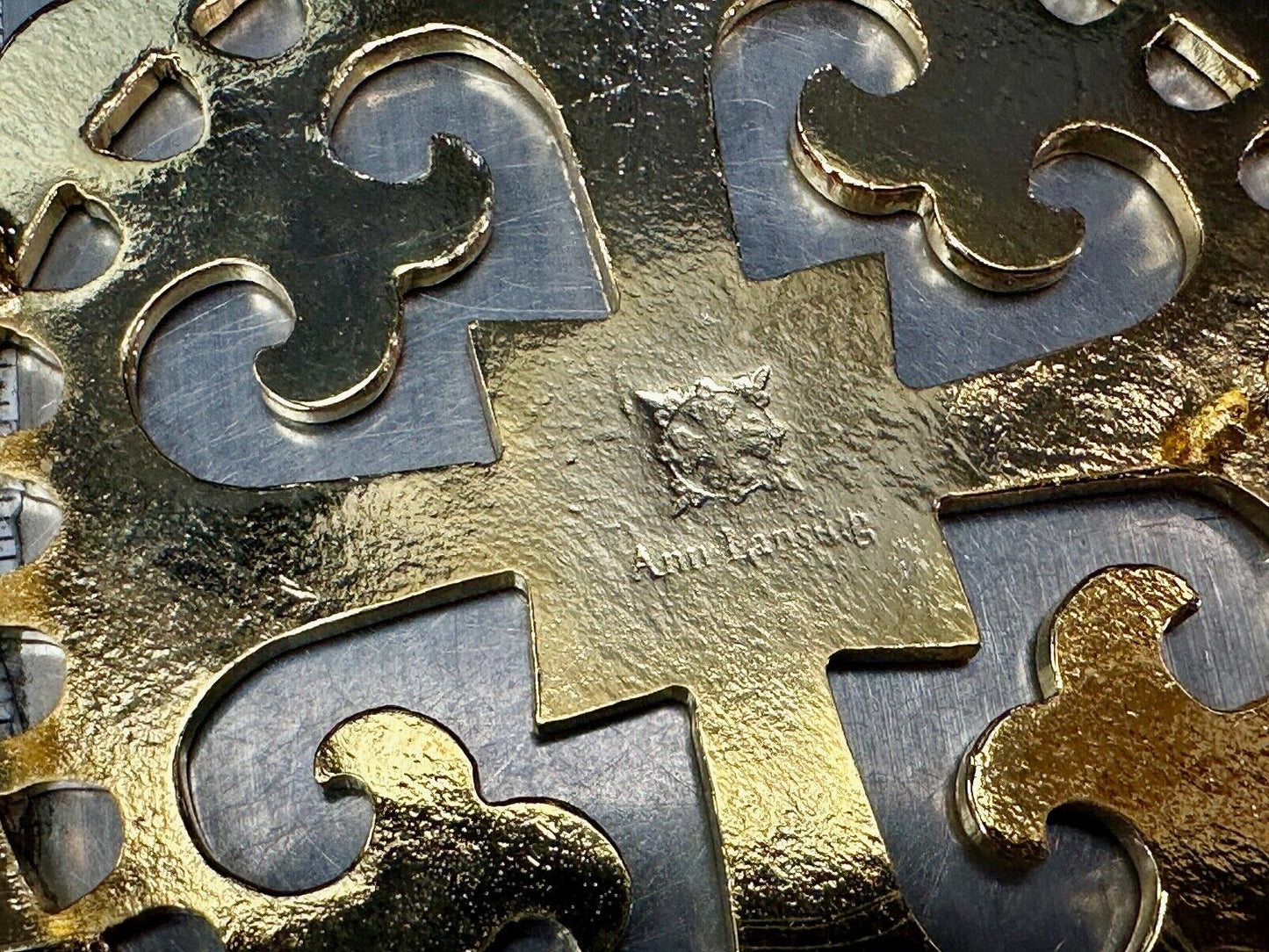 vintage Celtic pattern round cutout belt buckle by designer Ann Lansing